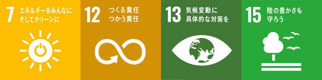 7エネルギーをみんなにそしてクリーンに 12つくる責任、つかう責任 13気候変動に具体的な対策を 15陸の豊かさも守ろう